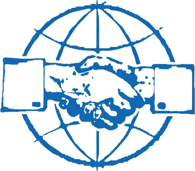 Logo der Fiendshio Books, Handschlag vor Weltkugel