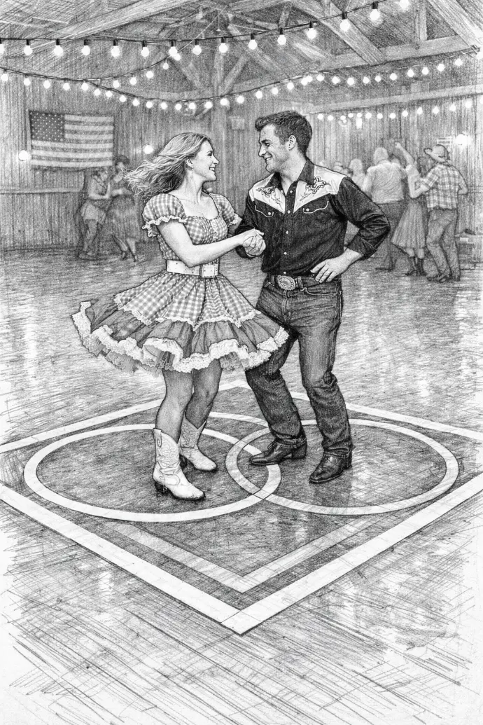 Zeichnung eines Tanzpaars in Western-Kleidung, Kreise am Boden symbolisieren die Wohlfühlbereiche der Partner